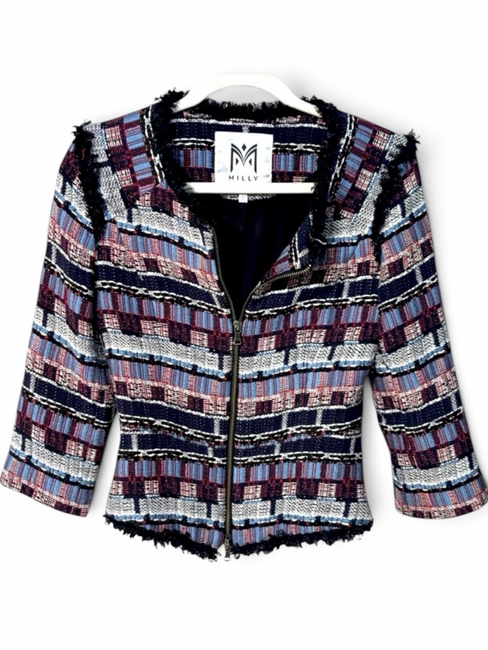 Milly Boucle Tweed Cropped Boucle Zip Jacket Multicolor Navy Size 2